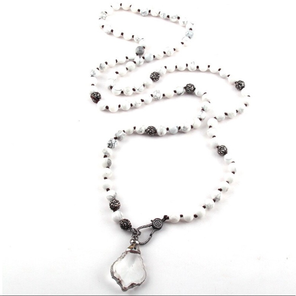 White Howlite & Pave Beads Necklace w/ Crystal Pendant & Pave Lobster Clasp NEW!